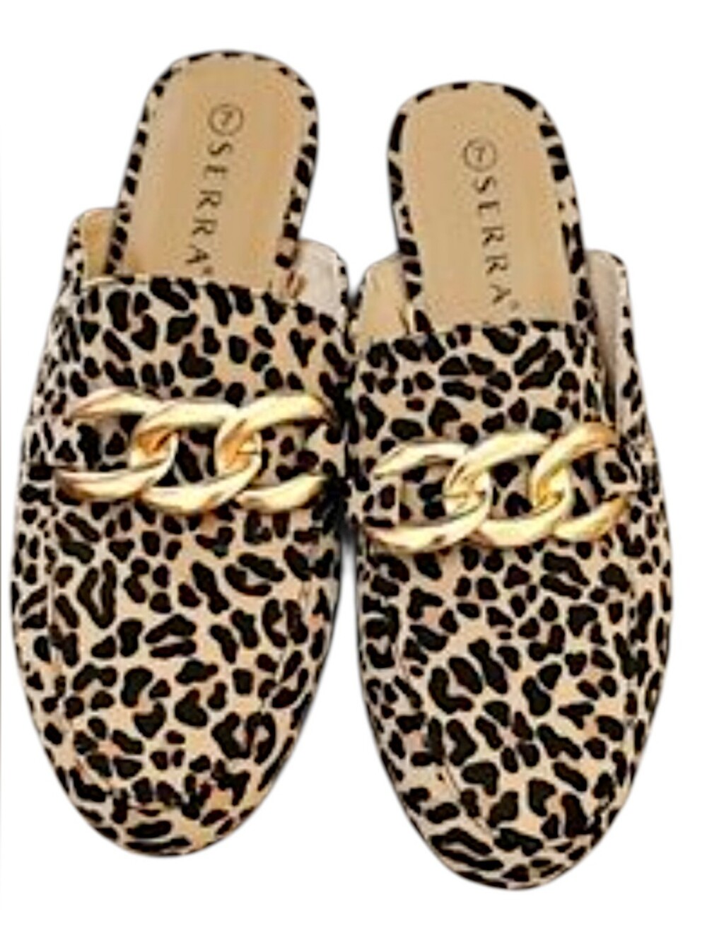 Leopard Print Chain-Trim Mule Slides Beige/Black with Gold Chain Size Womens 7